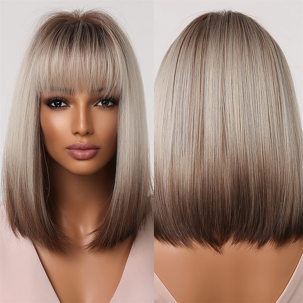 Braune blonde Ombre-Bob-Perücken für Frauen, Cosplay-Perücke mit Pony, dunkle Wurzeln, graue Naturhaar-Synthetik-Perücke, Barbiecore-Perücken Lightinthebox