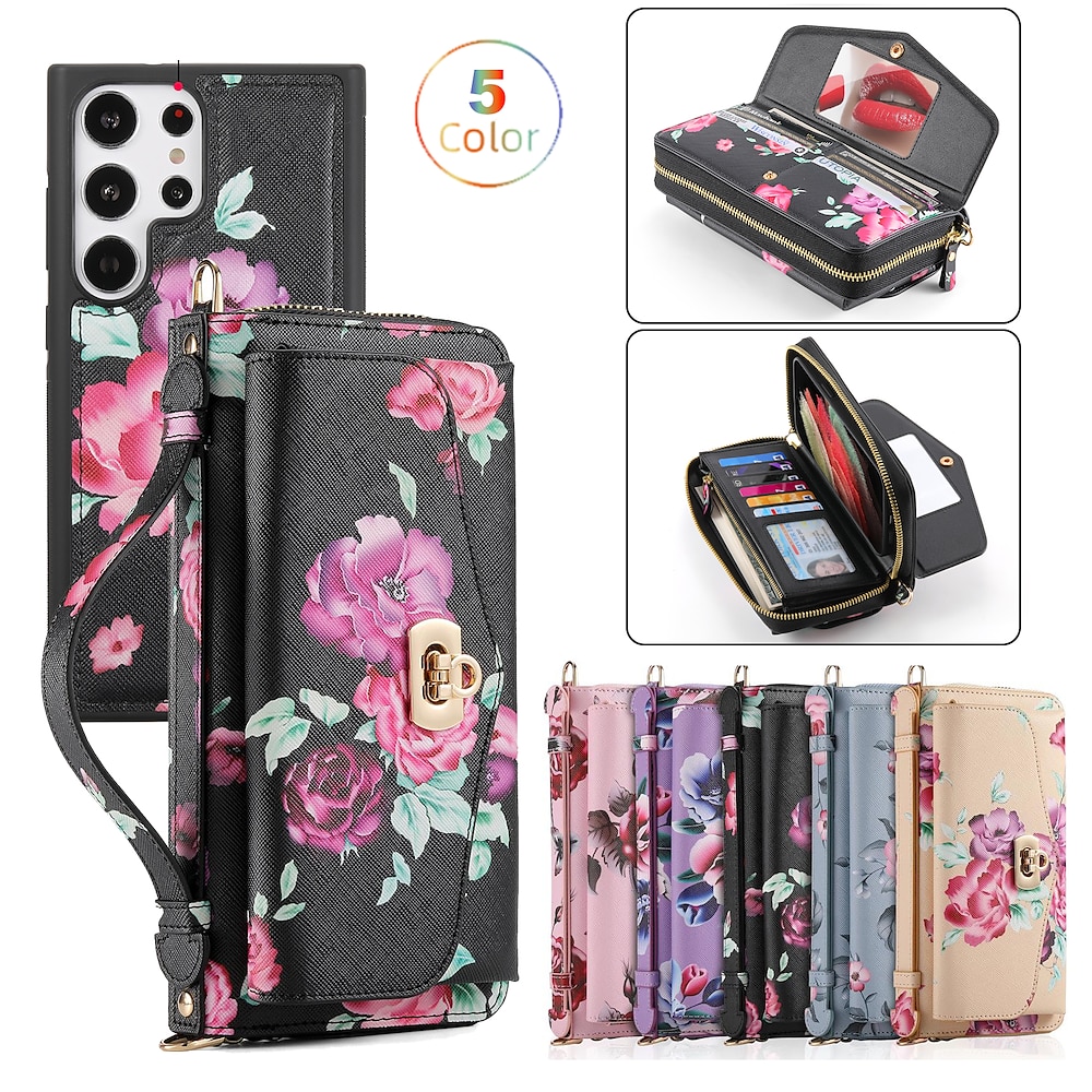 Handy Hülle Handyhüllen Für Samsung Galaxy S24 S23 S22 Plus Ultra Note 20 Ultra Brieftasche Kartenetui Geldbeutel Spiegel Reisverschluss Blume TPU PC PU-Leder Lightinthebox