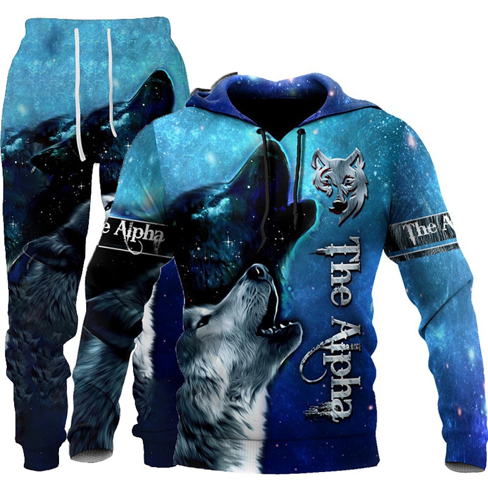 Herren Graphic Wolf 2St Hoodies Langarm Lange Hosen 3D Sweatshirt-Sets Mit Kapuze Strassenmode Designer Basic Sport Natur Casual Sport Bedruckt Blau Lightinthebox