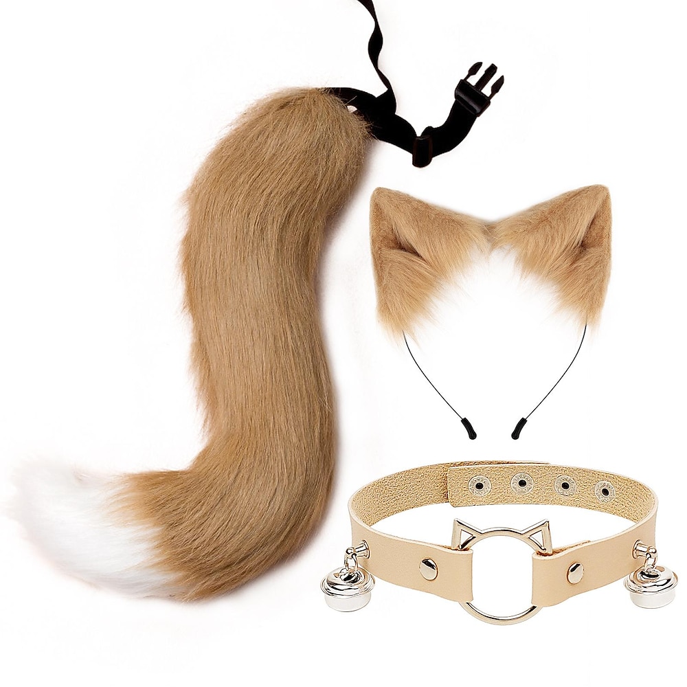 Katzenohren und Wolfsfuchs Tierschwanz Cosplay Kostüm Kunstfell Haarspange Kopfschmuck Karneval Leder Halsband Set Lightinthebox