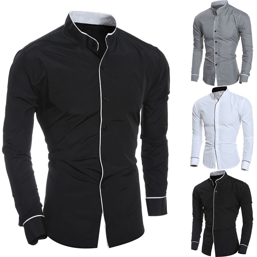 Herren Hemd mit chinesischem Kragen Hemd mit Stehkragen Oberhemd Hemd Hemd ohne Kragen Symbol Hochzeit Strasse Schwarz Weiß Grau Langarm Ständer Frühling Herbst Bekleidung Button-Down Lightinthebox