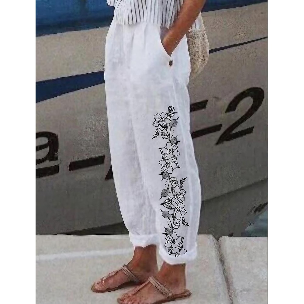 Damen Leinenhose Schlabberhose Vintage Brautkleider schlicht In voller Länge Herz Blumen Schmetterling Seitentaschen Ausgebeult Bedruckt Komfort Unelastisch Urlaub Täglich Weiß Gelb Rote Blau Sommer Lightinthebox