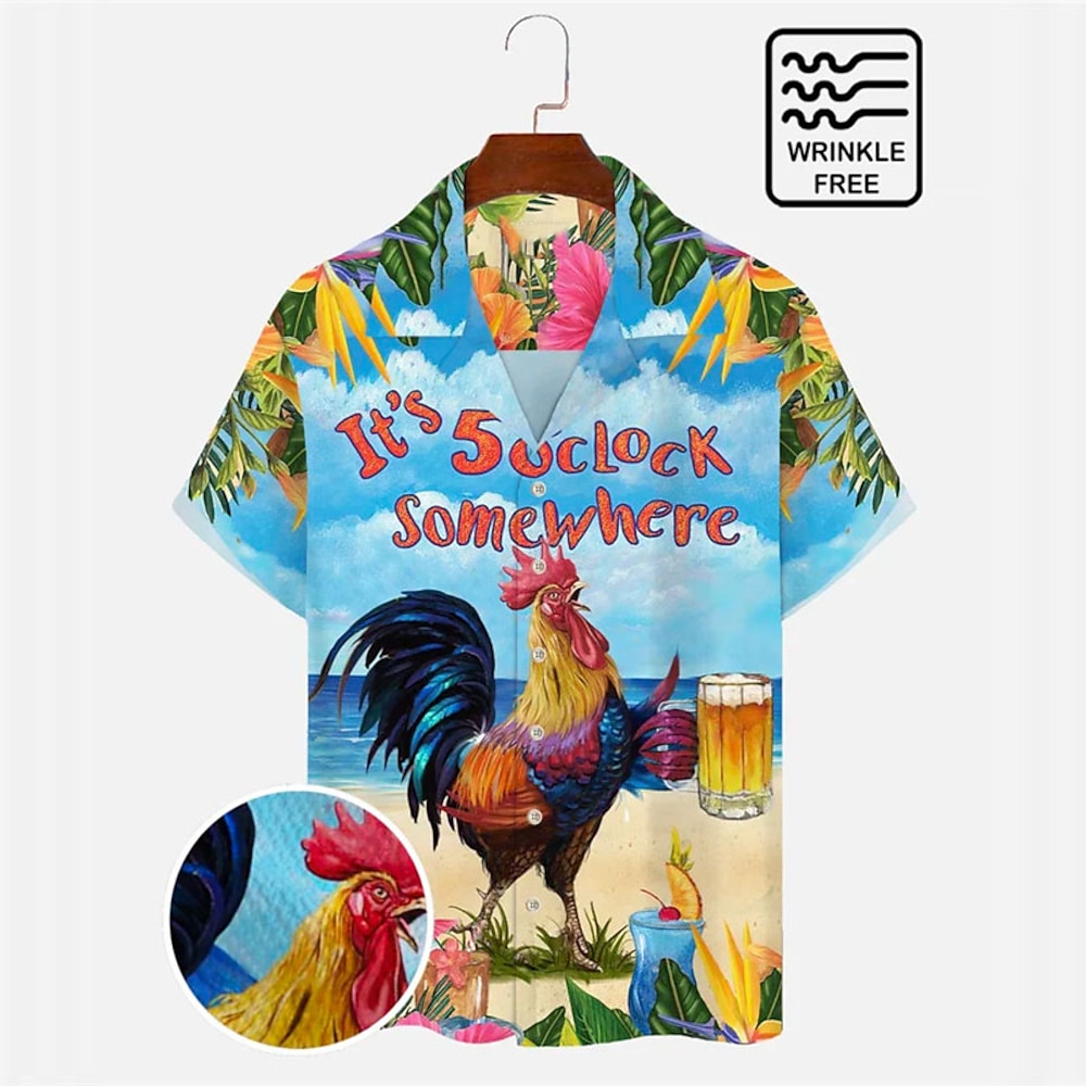 Herren Buchstabe Hühnchen Strand Hemd Hawaiihemd Sommerhemd Es ist 5 Uhr irgendwo Shirt Kurzarm Hemd Umlegekragen Tropisch Modisch Hawaiianisch Casual Hawaiianisch Festtage Blau S M L Lightinthebox