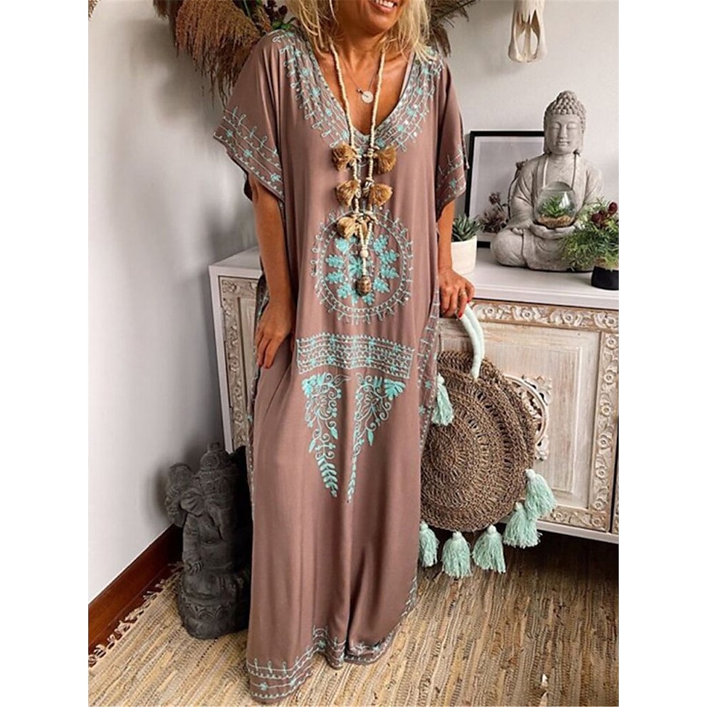 Damen Maxikleid kleid lang Casual kleid Sweatkleid Boho-Kleid Kleid drucken Modisch Böhmische Brautkleider schlicht Outdoor Urlaub Täglich Lockere Passform Blumen Kurzarm V Ausschnitt Himmelblau Lightinthebox
