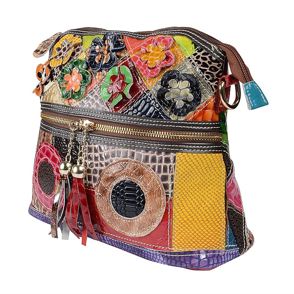 Bunte Patchwork-Umhängetasche aus Leder für Damen - Handtasche im Bohème-Stil mit floralen Akzenten Lightinthebox