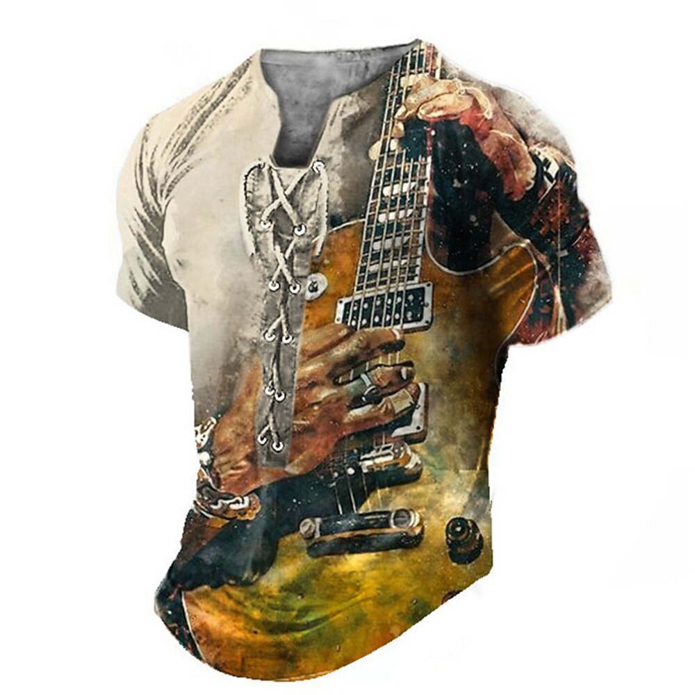 Herren Henley Shirt Tee Graphic Gitarre Henley Bekleidung 3D-Druck Täglich Sport Kurzarm mit Schnürung Bedruckt Modisch Stilvoll Vintage Brautkleider schlicht Lightinthebox