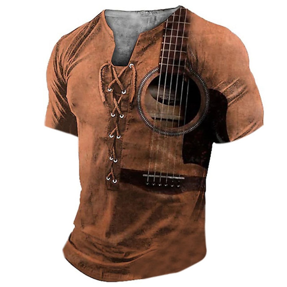 Herren Henley Shirt Tee Graphic Gitarre Henley Bekleidung 3D-Druck Täglich Sport Kurzarm mit Schnürung Bedruckt Modisch Stilvoll Vintage Brautkleider schlicht Lightinthebox