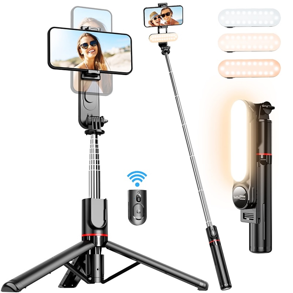 stabiles Selfie-Stick-Stativ mit Aufhelllicht 44 Zoll ausziehbarer Selfie-Stick mit kabelloser Fernbedienung und Stativständer 360-Grad-Drehung für iPhone 14/13/12/11 Pro/XS Max/XS/XR/X/8/7 Samsung Lightinthebox