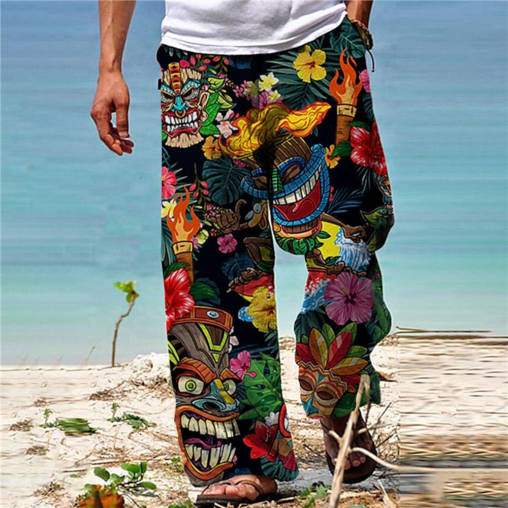 Herren Hose Hosen Sommerhosen Strandhose Kordelzug Elastische Taille Gerade geschnitten Tier Pflanzen Grafik-Drucke Komfort Casual Täglich Festtage Hawaiianisch Designer Schwarz Gelb Lightinthebox