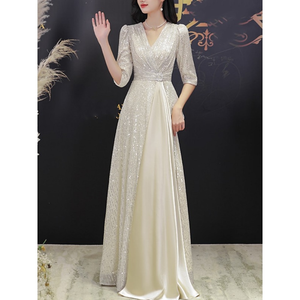 a-linie abendkleid hochzeitsgast elegant funkelnamp;Shine Petite V-Ausschnitt Sweep/Pinselschleppe Pailletten Halbarm mit Falten Kristallbrosche Kleid zum Beeindrucken 2025 Lightinthebox