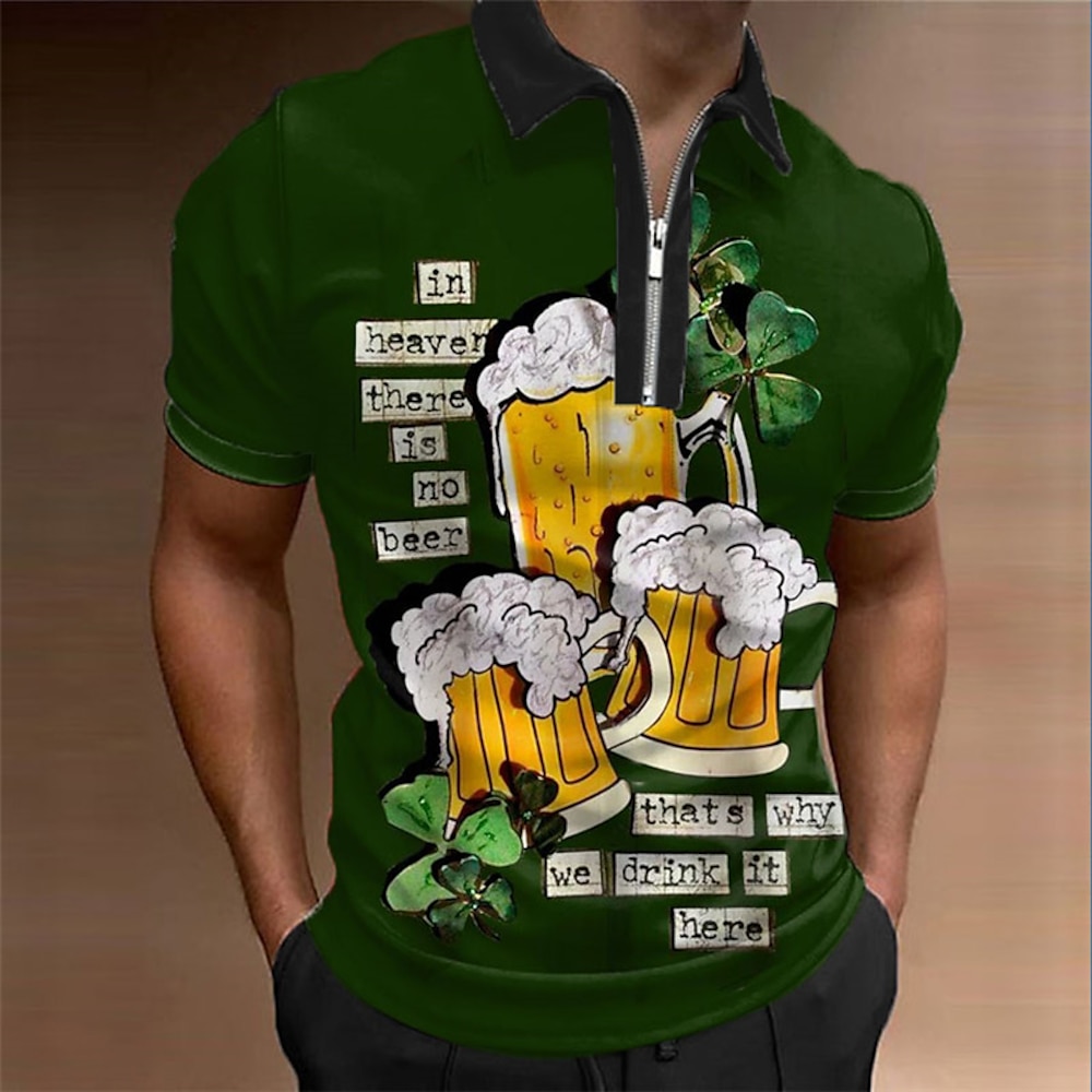 St.Patrick's Day Herren-Poloshirt Golfshirt Grafikdrucke Bier Saint Patrick's Day St. Patrick's Day Klee Turndown grün Outdoor Straße kurze Ärmel Reißverschluss Druck Kleidung Bekleidung Modedesigner Lightinthebox