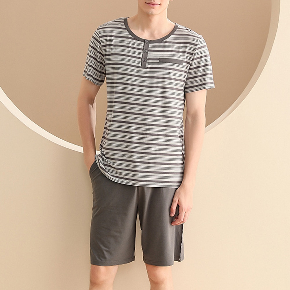 Herren Hausanzug Schlafanzug Set Pyjama-Oberteil und Shorts 1 Set Streifen Stilvoll Casual Heim Täglich Bett Baumwolle Atmungsaktiv Weich Rundhalsausschnitt Kurzarm T Shirt Kurze Hosen Elastische Lightinthebox