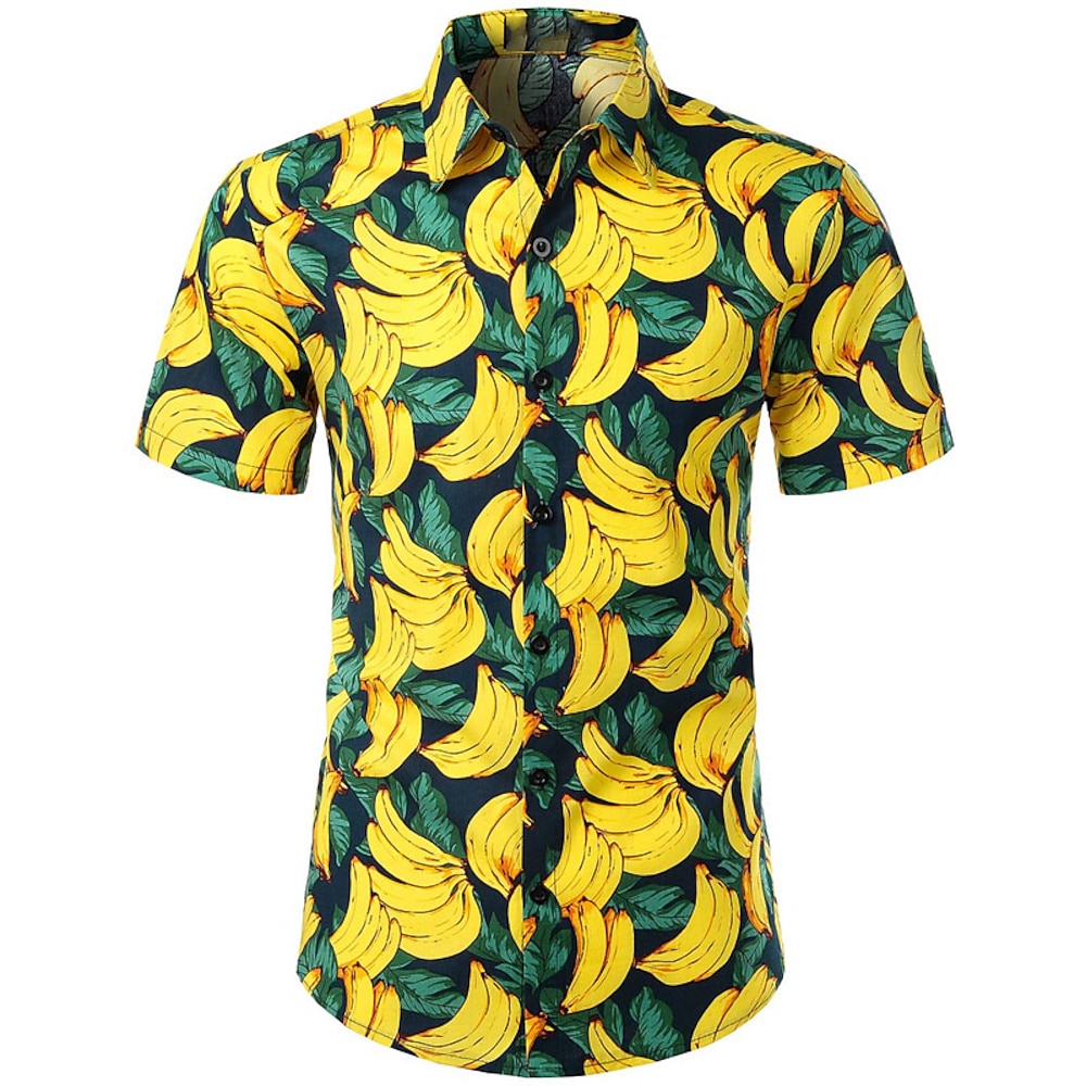 Herren Blatt Frucht Banane Hemd Hawaiihemd Sommerhemd Aloha-Shirt Kurze Ärmel Hemd Umlegekragen Tropisch Modisch Hawaiianisch Strasse Casual Hawaiianisch Schwarz Weiß Gelb S M L Lightinthebox