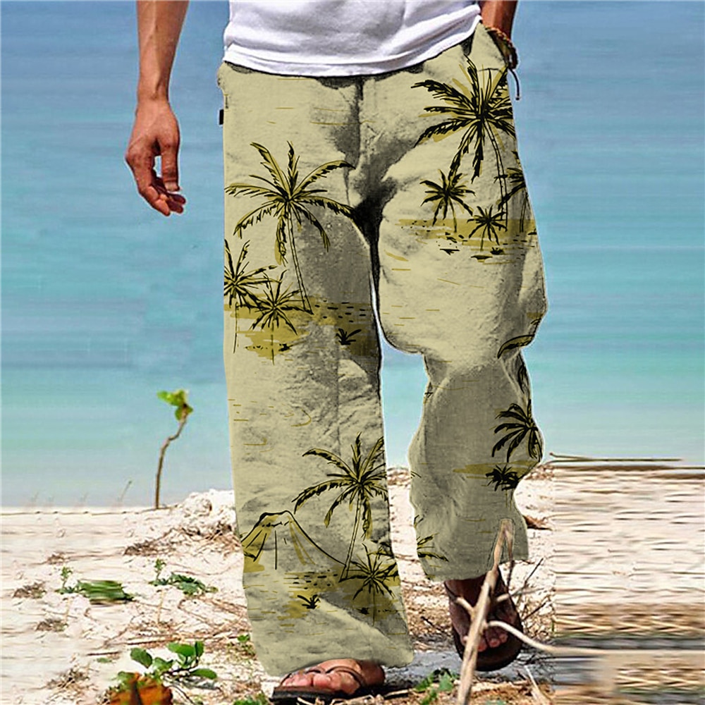 Herren Hose Hosen Sommerhosen Strandhose Kordelzug Elastische Taille Gerade geschnitten Kokosnussbaum Grafik-Drucke Komfort Casual Täglich Festtage Hawaiianisch Designer Weiß Gelb Lightinthebox