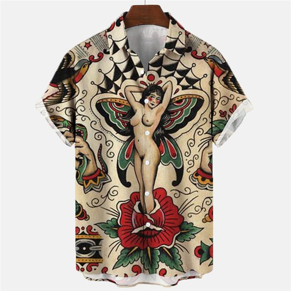 Herren Blumen Meerjungfrau Seeräuber Hemd Hawaiihemd Sommerhemd Vintage Hawaiihemden Kurze Ärmel Hemd Umlegekragen Vintage Tropisch Modisch Strasse Casual Hawaiianisch Aprikose Schwarz Gelb S M L Lightinthebox