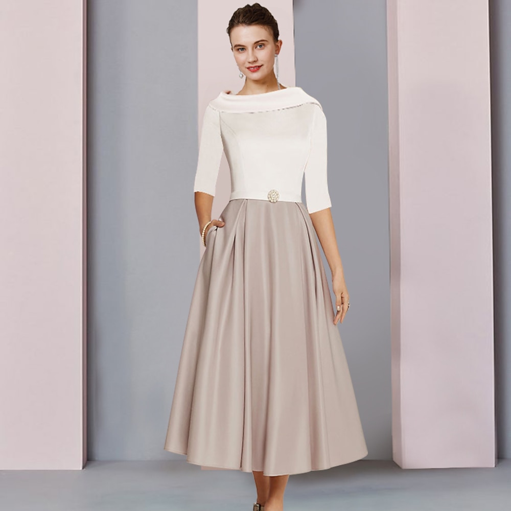 TS A-Linie Mutter der Braut Kleid Hochzeitsgast elegant Rundhalsausschnitt knielang Satin halbärmlig mit Falten Kristallbrosche Blockfarben Derby-Kleid 2025 kostenlose Maßanfertigung Lightinthebox