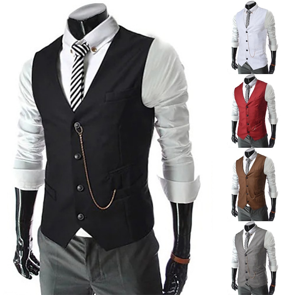 Herren Weste Anzugweste Hochzeit Geschäft Normal Casual 1920s Smart Casual Polyester Einfarbig Einreihiger Verschluss Hemdkragen Schlank Schwarz Rote Hellgrau Weste Lightinthebox