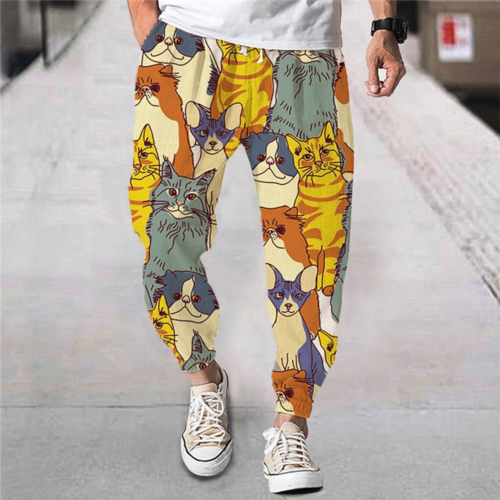 Herren Jogginghose Jogger Hose Hosen Strandhose Kordelzug Elastische Taille Tier Katze Grafik-Drucke Komfort Atmungsaktiv Sports Outdoor Casual Täglich Strassenmode Designer Gelb Orange Lightinthebox