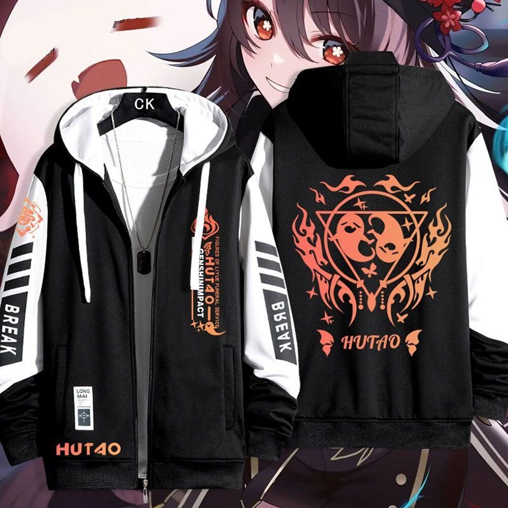 Genshin-Einschlag hutao Oberbekleidung Hoodie mit Reißverschluss Anime Vordertasche Grafik Für Paar Herren Damen Erwachsene Heißprägen Casual Lightinthebox