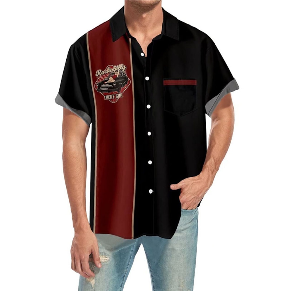 Herren Auto Gestreift Hemd Bowling-Shirt Knopfhemd Kurzarm Vintage Tropisch Modisch Outdoor Strand Sommer Frühling Umlegekragen Bedruckt Button-Down Schwarz und Rot Schwarz Rote Lightinthebox