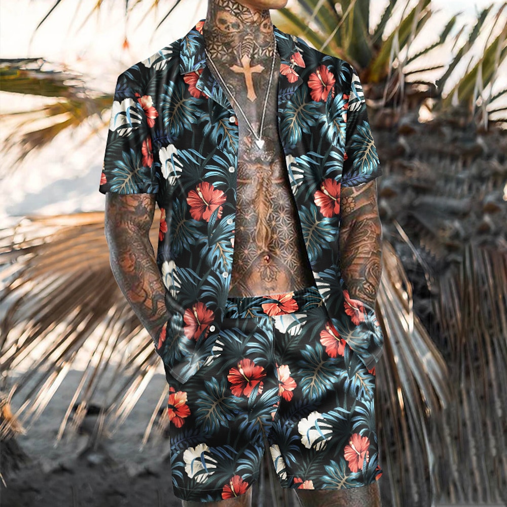 Herren Blumen Hemden-Set Hawaiihemd Sommerhemd Camp-Shirt Kurzarm Hemd Umlegekragen Modisch Hawaiianisch Designer Outdoor Casual Festtage Rosa Blau Purpur 3D-Druck S M L Lightinthebox