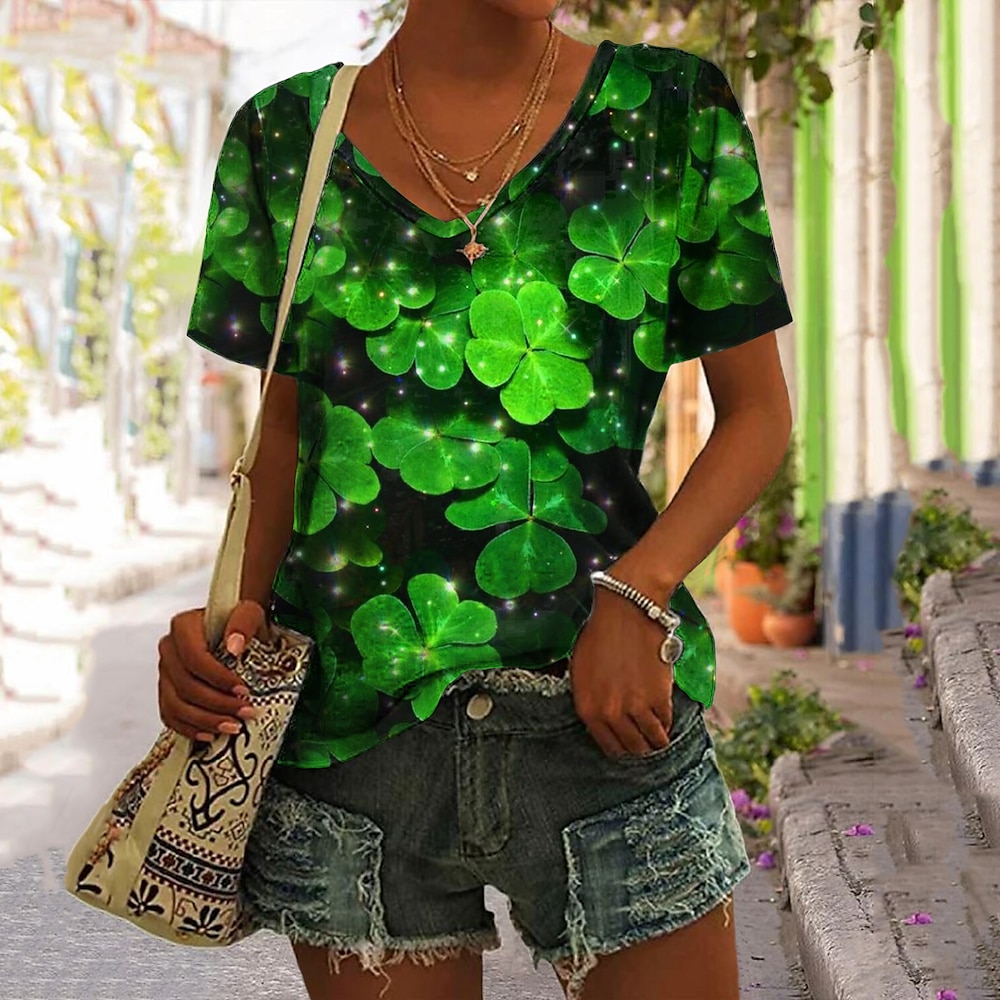 St. Patrick's Day Damen T-Shirt Blatt Shamrock Basic Kurzarm V-Ausschnitt Regelmäßige Oberteile Urlaub Wochenende Druck Grün Lightinthebox