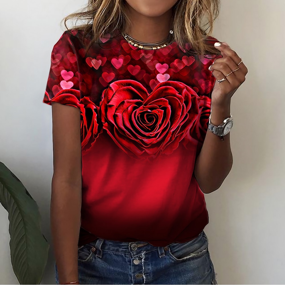 Damen-T-Shirt mit Herzmotiv und Valentinstags-Motiv, süßes rotes T-Shirt mit Rosen-Blumendruck, kurze Ärmel, Urlaub, Wochenende, Basic, Rundhalsausschnitt, normale Größe, Blumenmalerei Lightinthebox