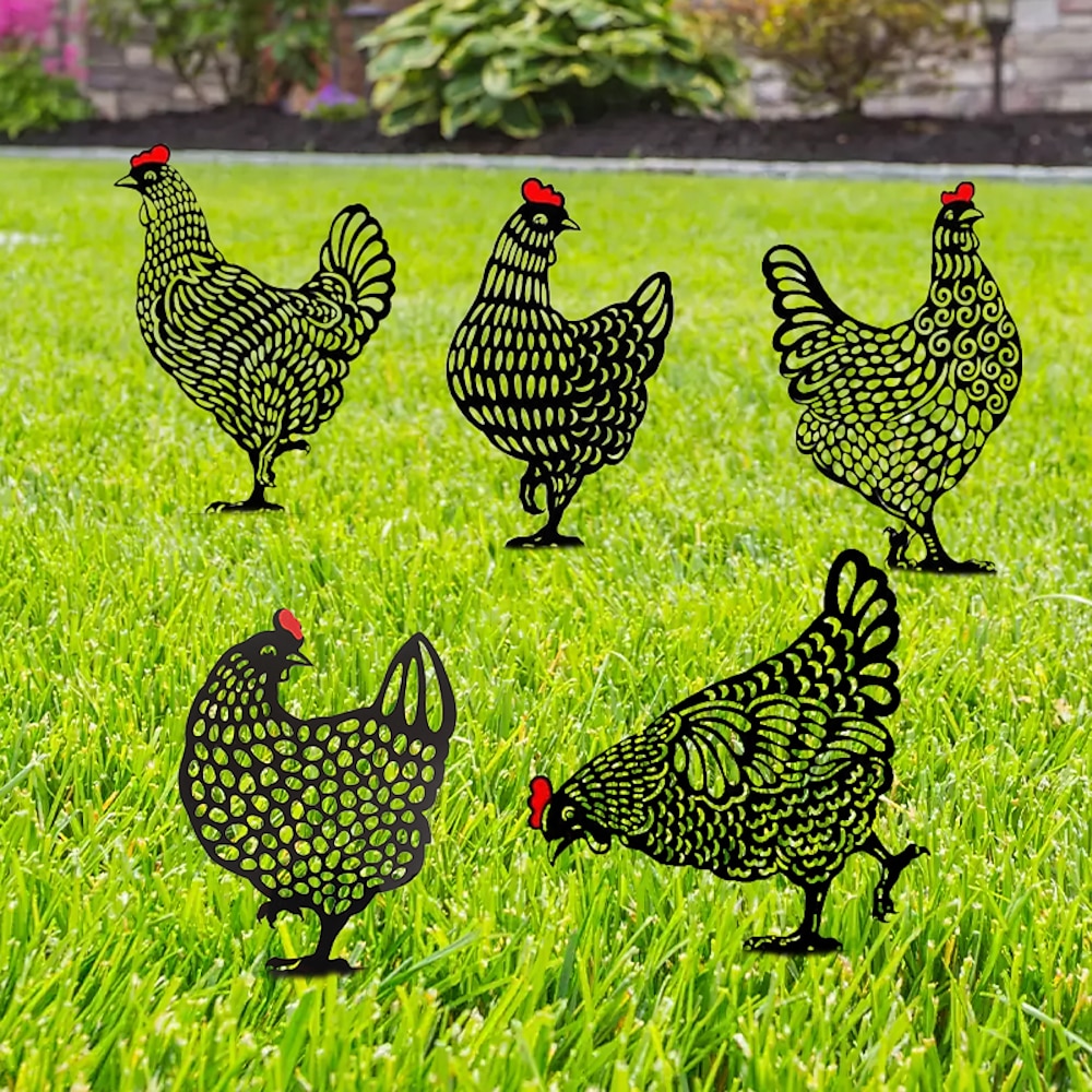 Hahn-Tierpfähle, Hühnerfamiliengarten-Silhouette-Gartenkunst, ausgehöhlte Tierform-Dekoration für den Außenbereich - für Rasenflächen im Hinterhof Lightinthebox