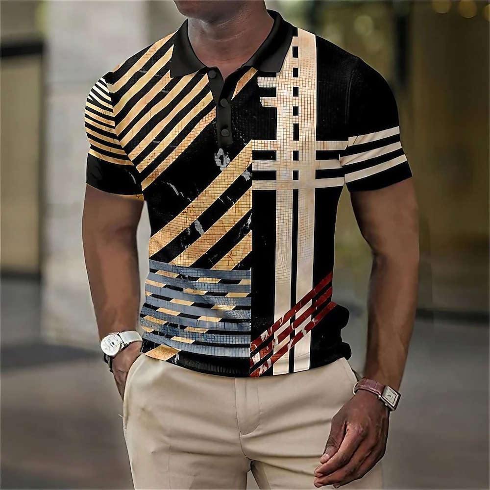 Herren Geometrisch Poloshirts zum Suchbegriff: Waffel Golfhemd Kurzarm Polo-Shirts Hemden mit Kragen Brautkleider schlicht Urlaubskleidung Abendgarderobe Festivalkleidung Knopf 3D-Druck Gelb Rosa Lightinthebox