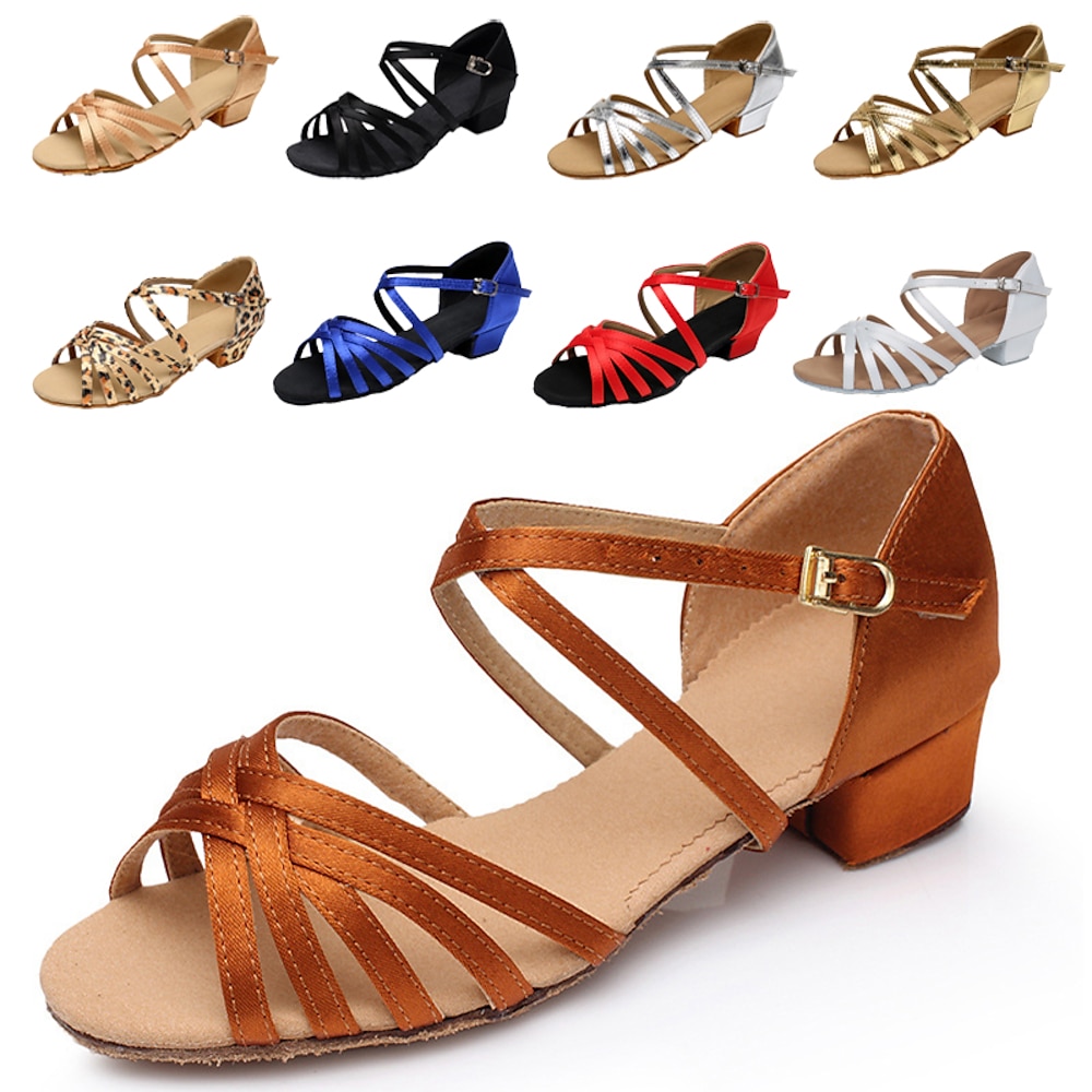 Mädchen Latein-Tanzschuhe aus Satin mit niedrigem Absatz - bequeme Ballsaal-Sandalen mit Wildledersohle für Anfänger und Profis Lightinthebox