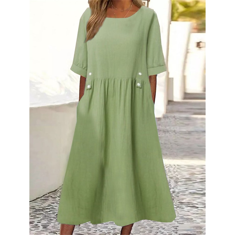 Damen Weiß Purpur Grün Sommer Midikleid Baumwoll-Leinenkleid Smock-Kleid solide Basic Brautkleider schlicht Täglich Lockere Passform Rundhalsausschnitt Lightinthebox