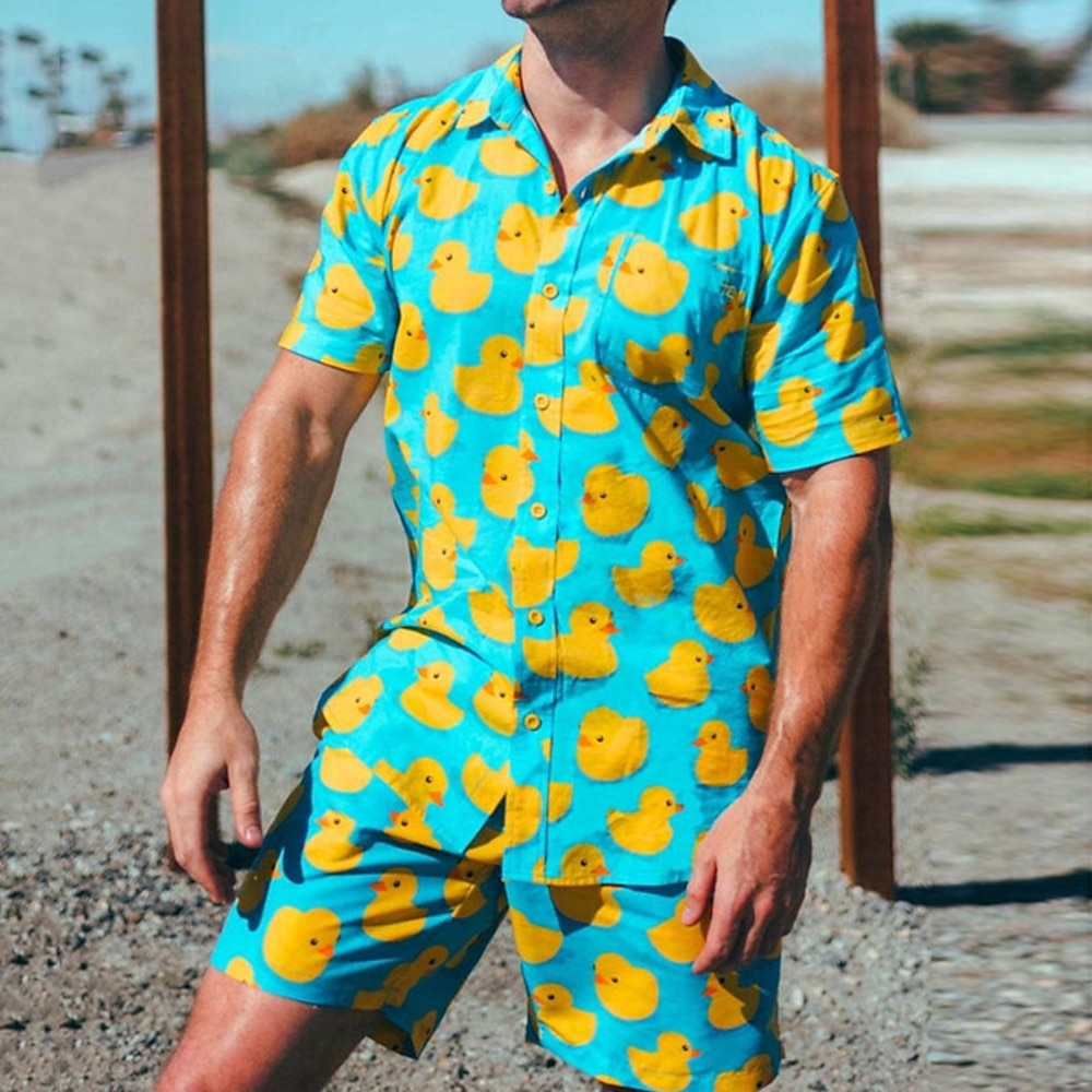 Herren Tropisch Ente 2St Hawaiihemd Sommerhemd Kurzarm Kurze Hosen Hemden-Sets Umlegekragen Tropisch Modisch Hawaiianisch Strasse Casual Hawaiianisch Bedruckt Rote Blau Purpur Lightinthebox