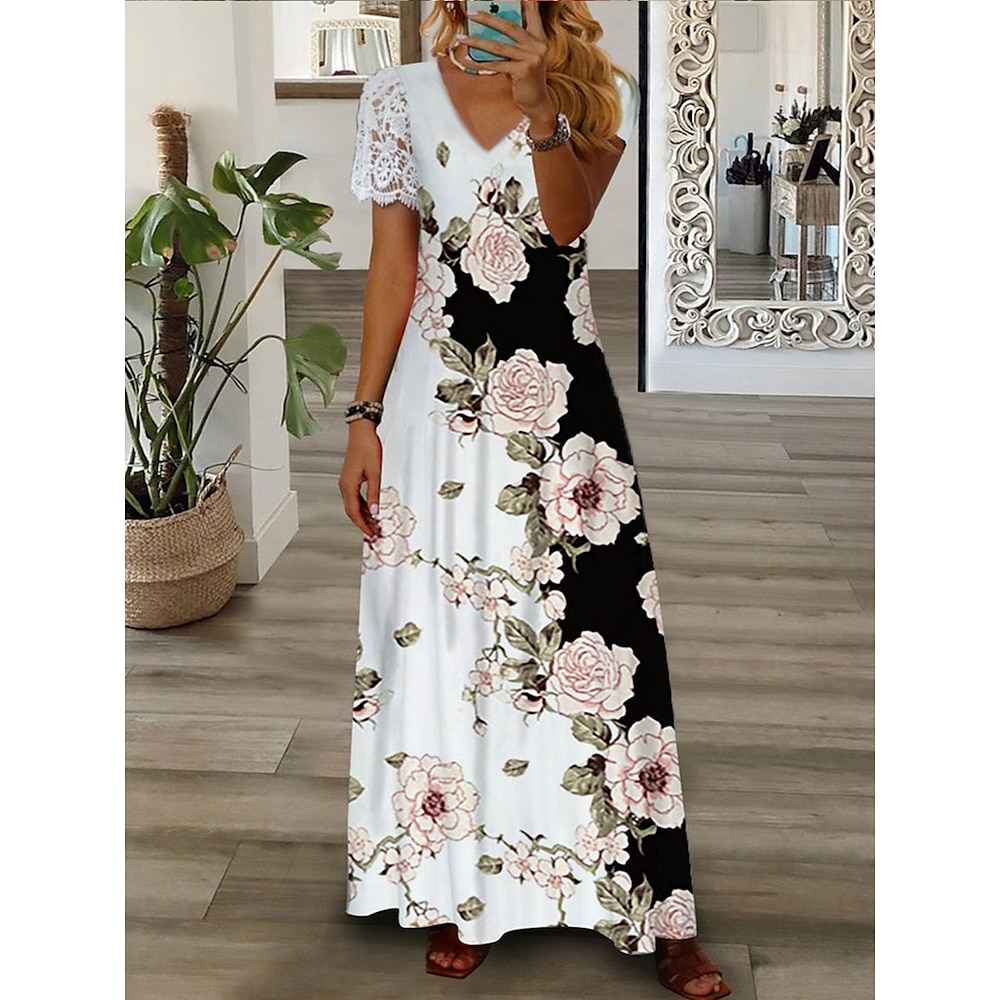 Damen Freizeitkleid Blumen Kontrast Spitze Spitze V-Ausschnitt Maxi Langes Kleid Alltag Urlaub Kurzarm Sommer Frühling Lightinthebox