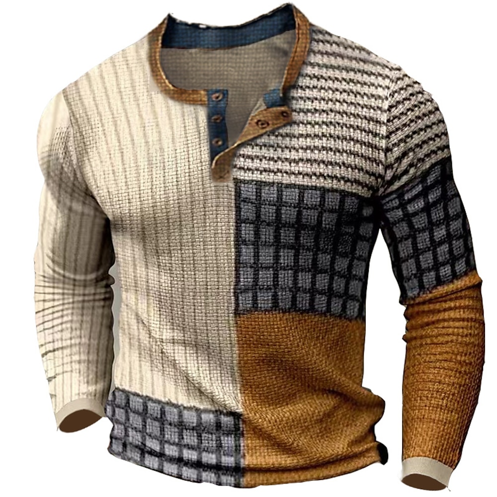 Herren Waffel-Henley-Hemd Tee Vintage-Shirt Modisch Designer Komfortabel Hemd Graphic Farbblock Langarm Hemd Blau Himmelblau Kamel Outdoor Casual Täglich Henley Frühling Herbst Bekleidung 3D-Druck Lightinthebox