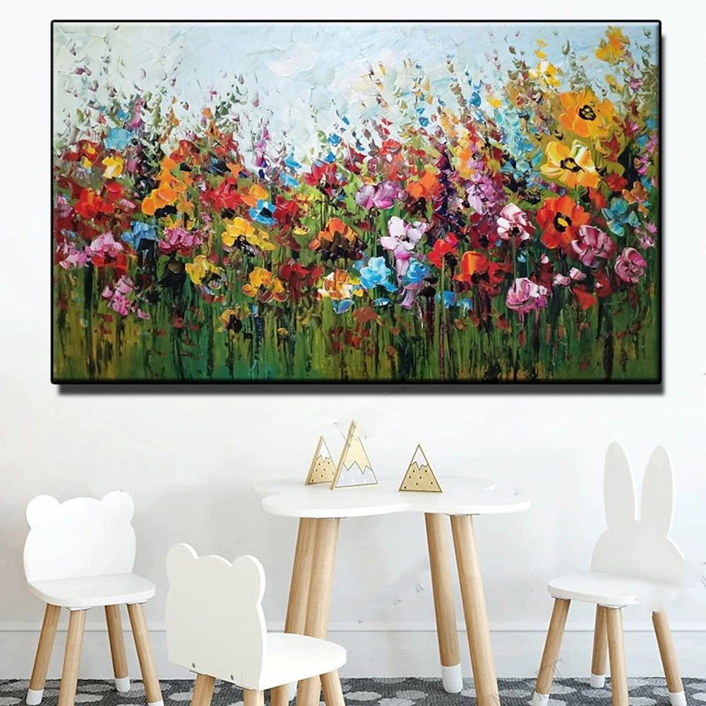 Großes Ölgemälde, 100 % handgefertigt, handgemalte Wandkunst auf Leinwand, horizontal, abstrakt, bunt, Blumenlandschaft, Heimdekoration, Dekoration, gerollte Leinwand, kein Rahmen, ungedehnt Lightinthebox