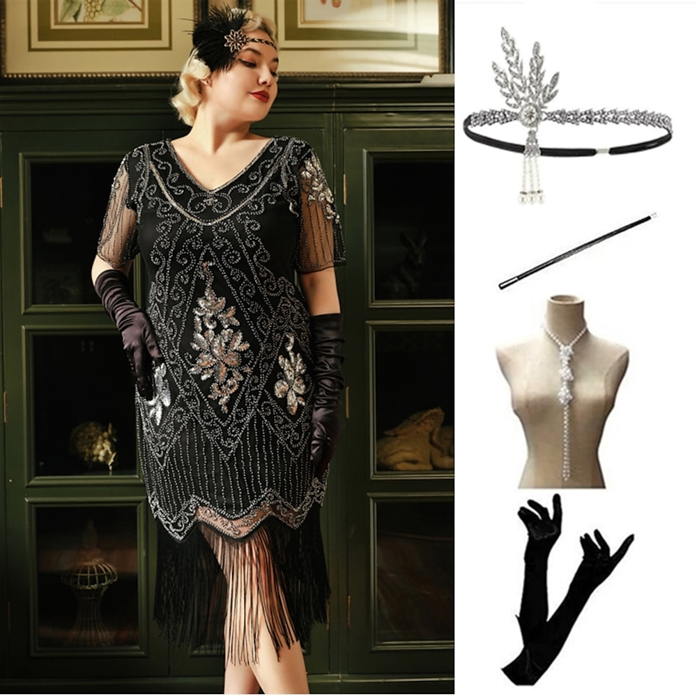 Der große Gatsby Flapper Kleid Kleid Austattungen Weihnachtspartykleid Mittag Der große Gatsby Damen Pailletten Quaste Pailletten Quaste V Ausschnitt Maskerade Abiball Party Abend Kleid Lightinthebox