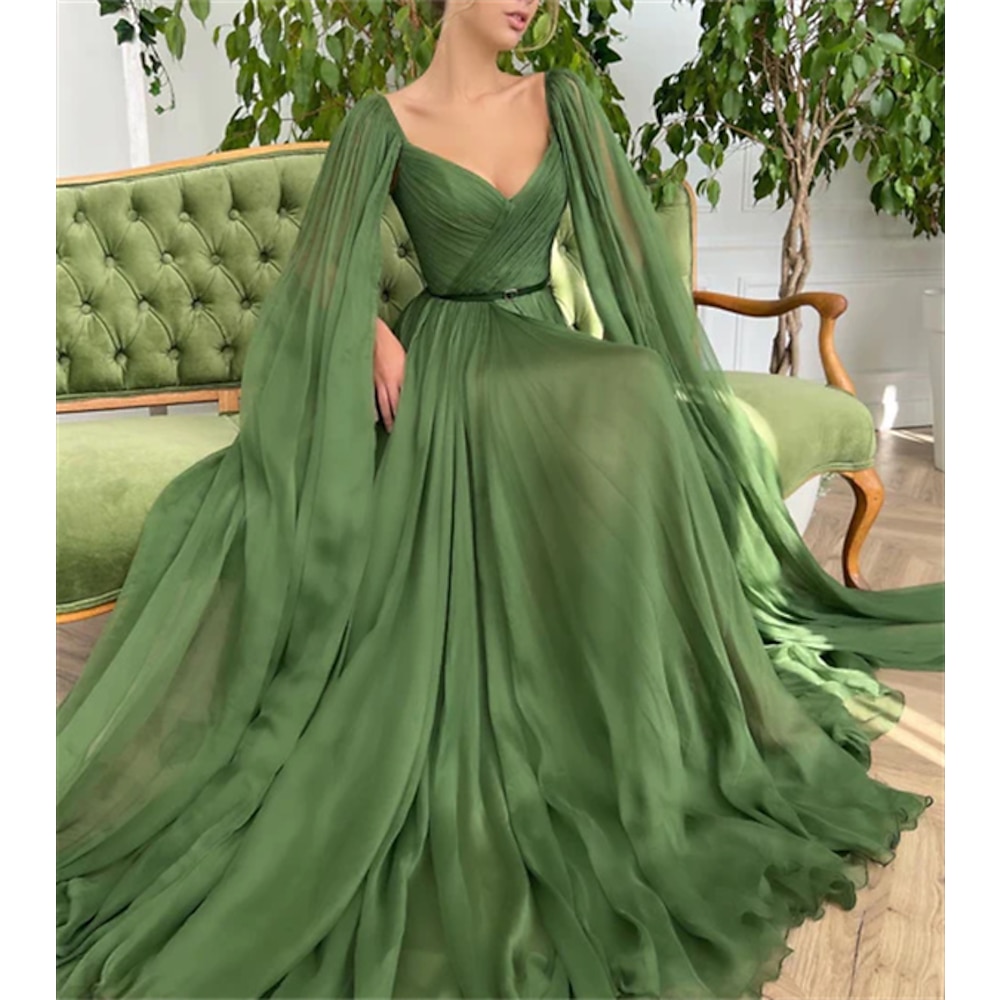 A-Linie Abendkleid elegantes Kleid Hochzeitsfeier Hofschleppe ärmellos V-Ausschnitt Herbst Hochzeitsgast Chiffon mit gerüschtem Weihnachtskleid 2024 Lightinthebox