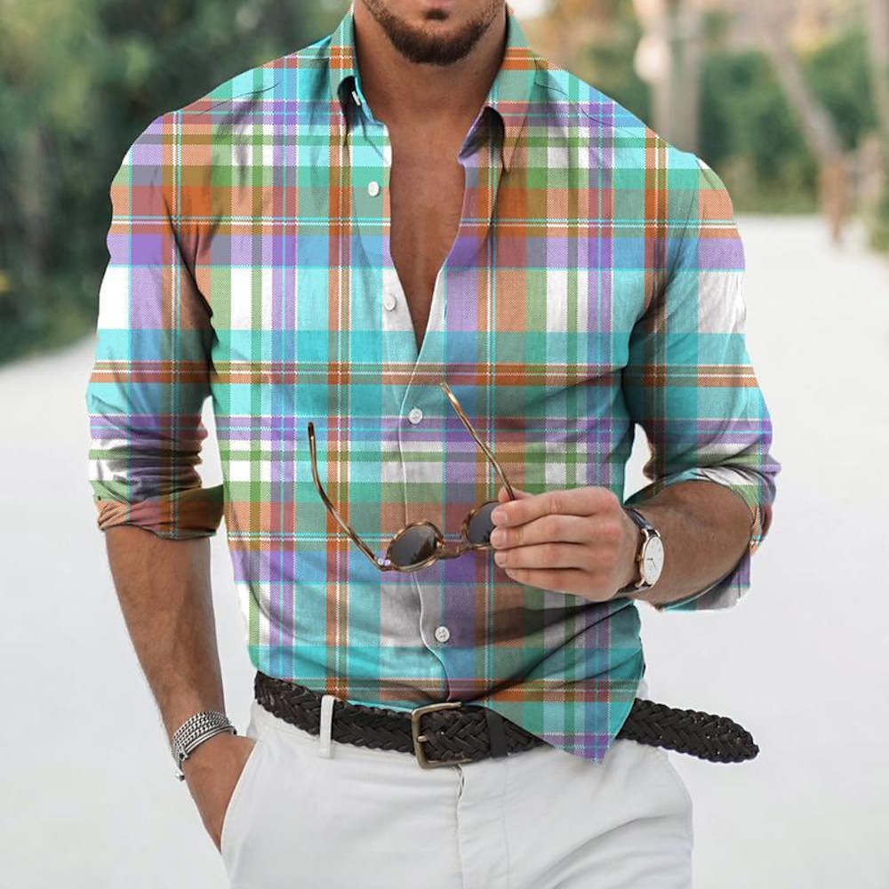 Herren Plaid Geometrische Muster Hemd Knopfhemd Langarm Sport Modisch Strassenmode Outdoor Casual Täglich Herbst Winter Umlegekragen Bedruckt Button-Down Gelb Rosa Blau Grün Lightinthebox