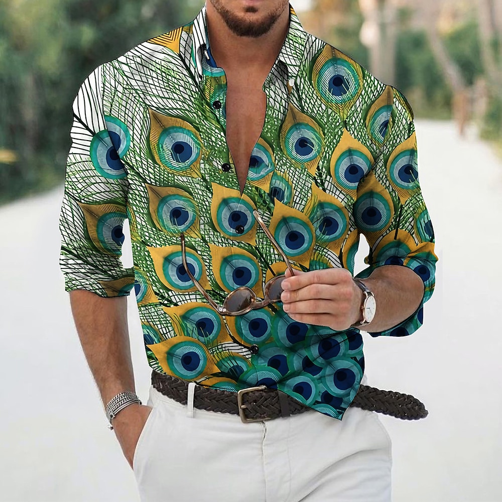 Herren Feder Hemd Grafik-Shirt Langarm Modisch Designer Brautkleider schlicht Outdoor Täglich Urlaub Frühling Sommer Ständer 3D-Druck Button-Down Schwarz Weiß Schwarz / Grün Gelb Armeegrün Lightinthebox