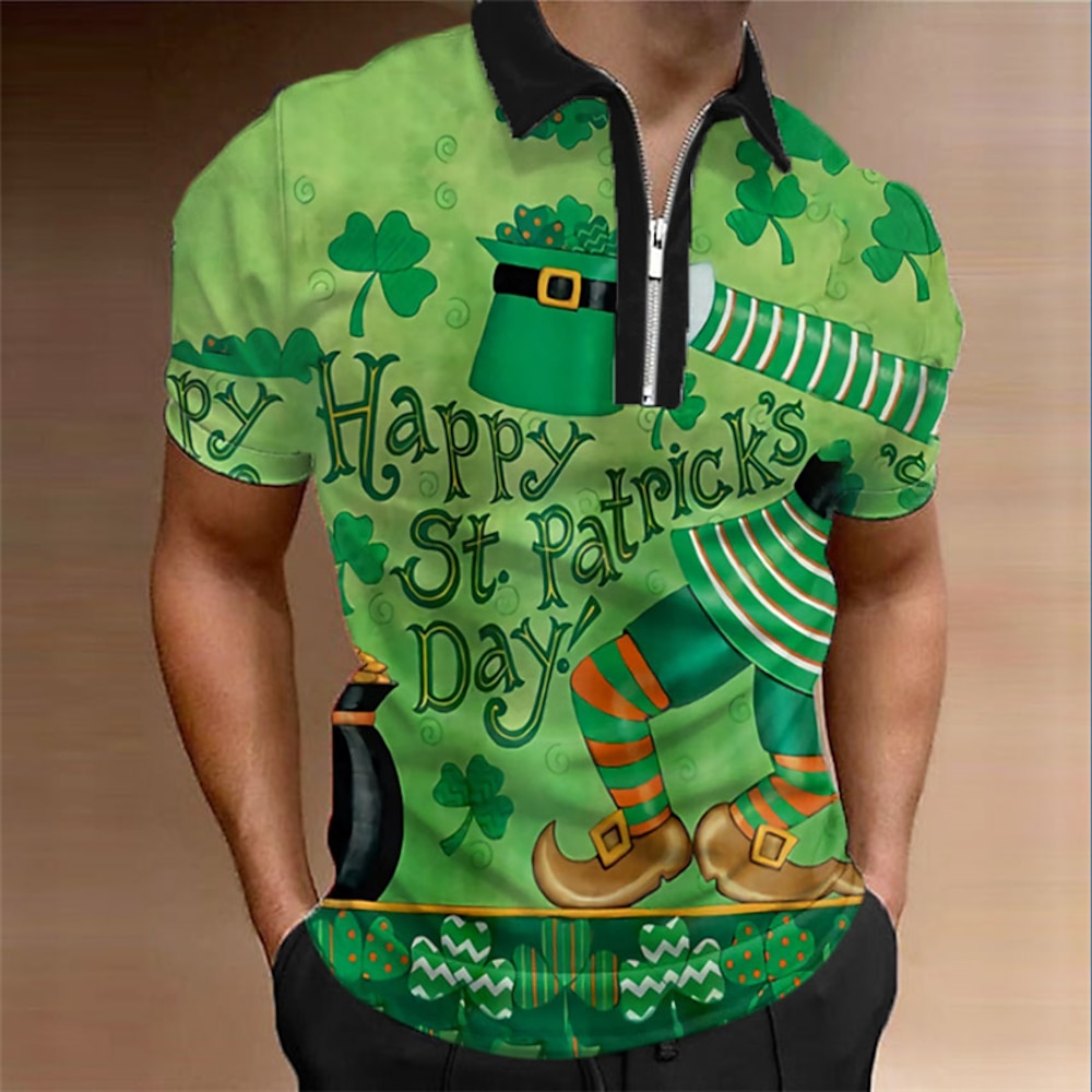 St. Patrick's Day Herren-Poloshirt, Golfshirt, Poloshirt mit Reißverschluss, Cartoon-Buchstabe, St. Patrick's Day, St. Patrick's Day. Patrick's Day Klee Turndown grün Outdoor Straße kurze Ärmel Lightinthebox