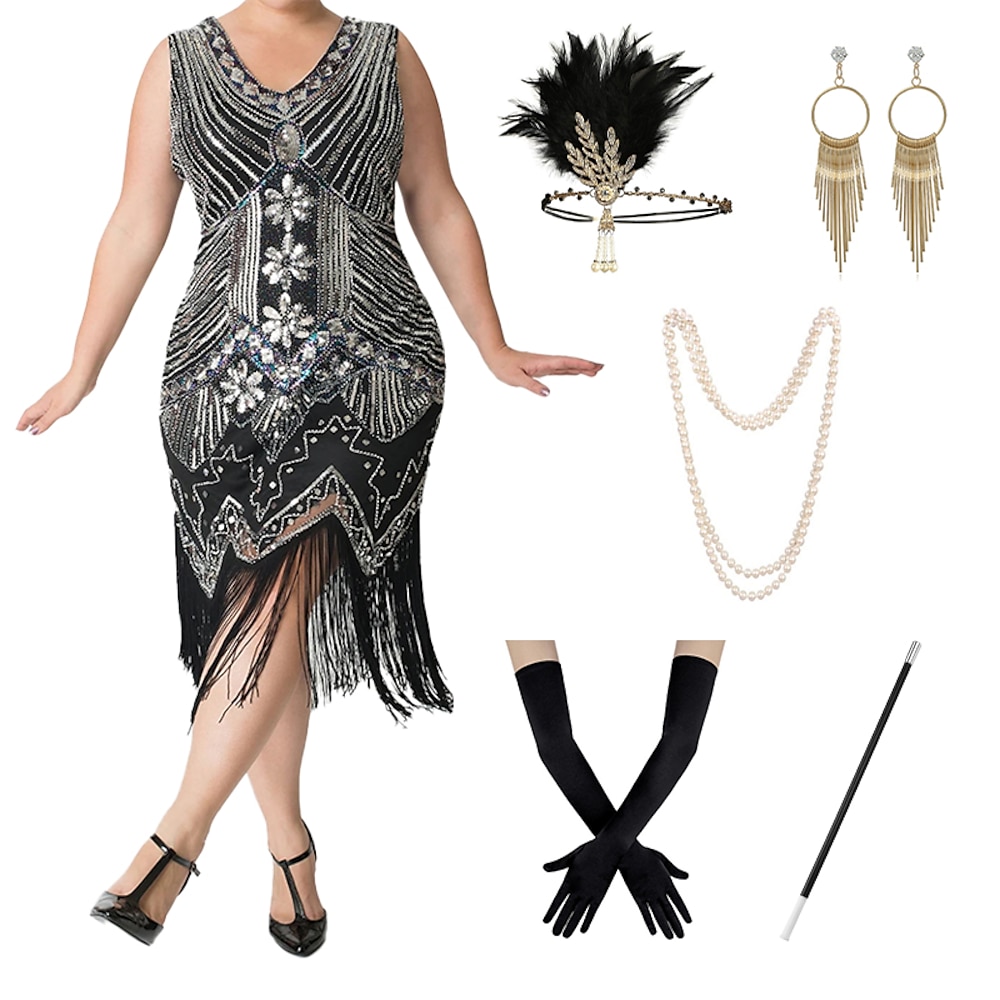 Brüllen 20s 1920s Cocktailkleid Flapper Kleid Kleid Austattungen Der große Gatsby Damen Pailletten Quaste Maskerade Party / Abend Abiball Erwachsene Kleid Handschuhe Kopfbedeckung Ganzjährig Lightinthebox