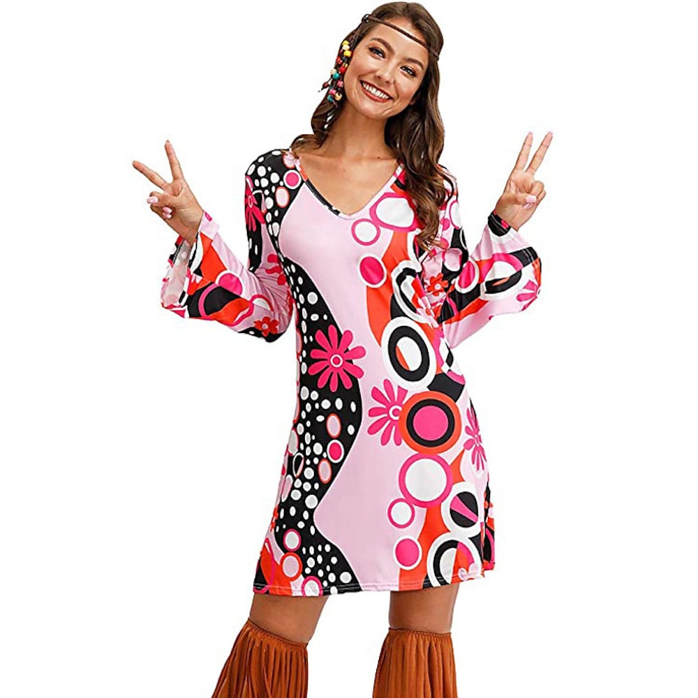 Hippie Retro Vintage 1970er Disko Kleid Damen Kostüm Jahrgang Cosplay Party Abend Langarm Kleid Maskerade Schlager Outfit Lightinthebox