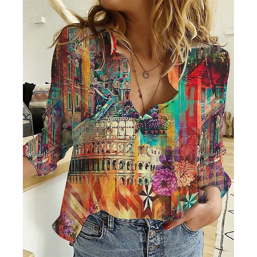 Damen Shirt Basic Blumenmuster Langarm Reguläre Oberteile Hemdkragen Lässig Urlaub Rot Grün Frühling Herbst Lightinthebox