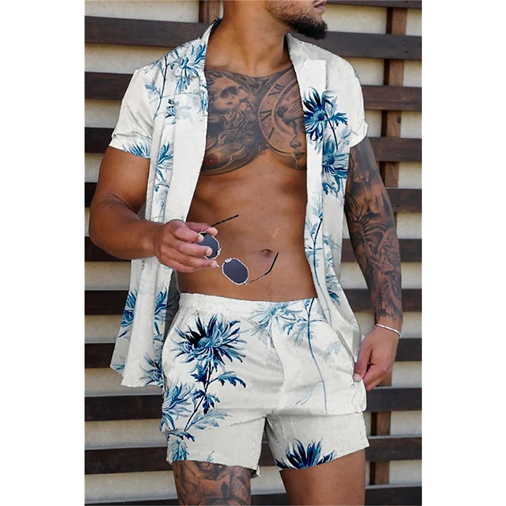 Herren Kokosnussbaum Tropische Pflanzen 2St Hawaiihemd Sommerhemd Kurzarm Kurze Hosen Hemden-Sets Umlegekragen Tropisch Modisch Hawaiianisch Strasse Casual Festtage Bedruckt Gelb Rosa Blau Lightinthebox