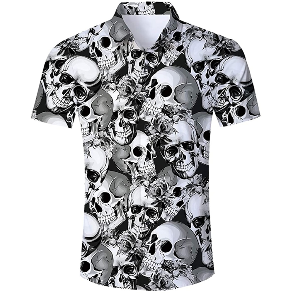 Herren Totenkopf Motiv Hemd Kurzarm Modisch Cool Punk Gothic Strasse Casual Täglich Sommer Frühling Umlegekragen Bedruckt Button-Down Schwarz Rote Purpur SchwarzWeiß Lightinthebox