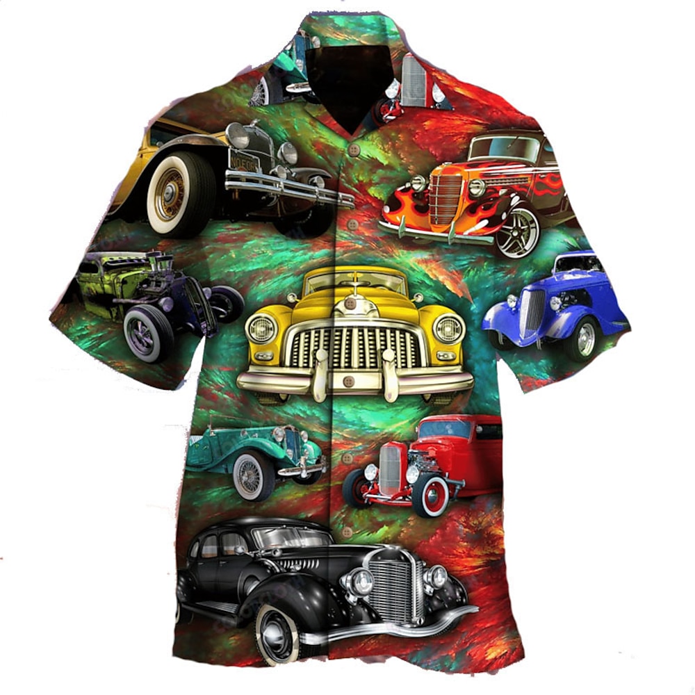 Herren Auto Hemd Hawaiihemd Sommerhemd Vintage Hawaiihemden Kurzarm Hemd Umlegekragen Tropisch Modisch Hawaiianisch Casual Hawaiianisch Festtage Gelb Rote Blau S M L Lightinthebox