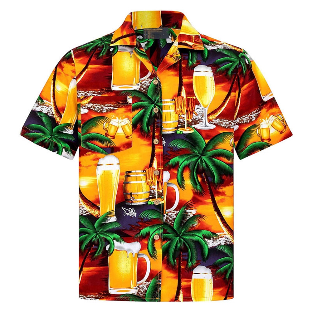 Herren Kokosnussbaum Grafik-Drucke Bier Hemd Hawaiihemd Sommerhemd Kurzarm Tropisch Modisch Hawaiianisch Casual Hawaiianisch Festtage Sommer Frühling Umlegekragen Bedruckt Button-Down Gelb Rosa Lightinthebox