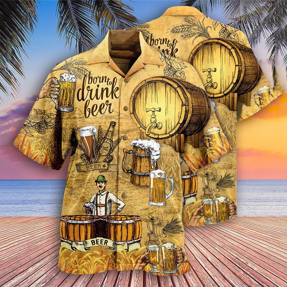 Herren Grafik-Drucke Bier Hemd Hawaiihemd Sommerhemd Kurzarm Tropisch Modisch Hawaiianisch Casual Hawaiianisch Festtage Sommer Frühling Umlegekragen Bedruckt Button-Down Hellgelb Schwarz Gelb Gold Lightinthebox