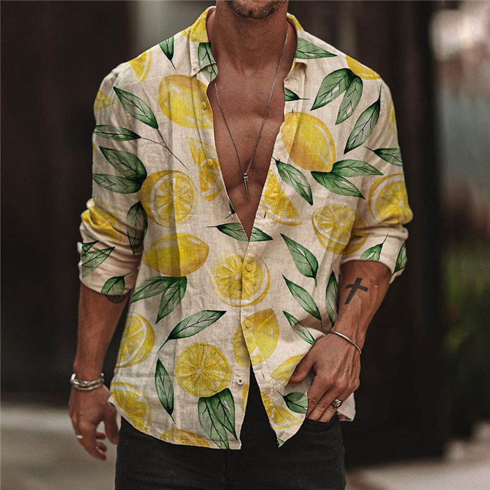 Herren Zitronengelb Hemd Hawaiihemd Sommerhemd Aloha-Shirt Langarm Hemd Umlegekragen Sport Modisch Strassenmode Outdoor Strasse Casual Gelb S M L Lightinthebox