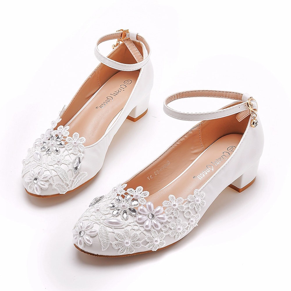 Damen Hochzeit Schuhe Pumpen Bling-Bling-Schuhe Brautschuhe Strass Blume Blockabsatz Runde Zehe Elegant Kunstleder Schnalle Weiß Lightinthebox